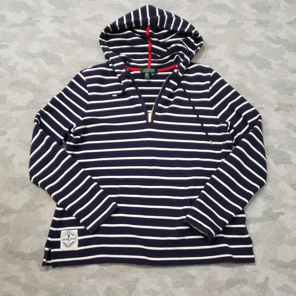 Lauren Ralph Lauren Sweatshirt Women Large Blue Stripe Quarter Zip Hoodie Preppy